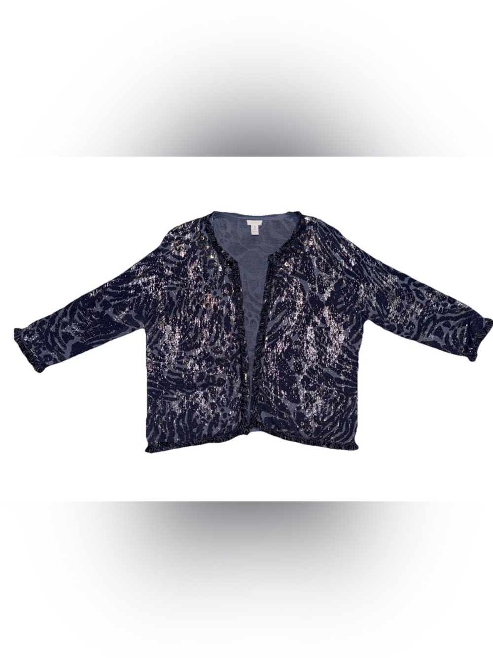 Chico's Navy Sequin Open-Front Jacket with Metallic Accents size 3 animal print